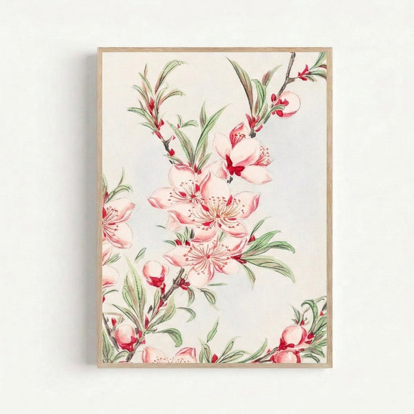Vintage-style watercolor poster featuring romantic peach flowers in bloom with red and pink tones, botanical illustration on neutral ground.