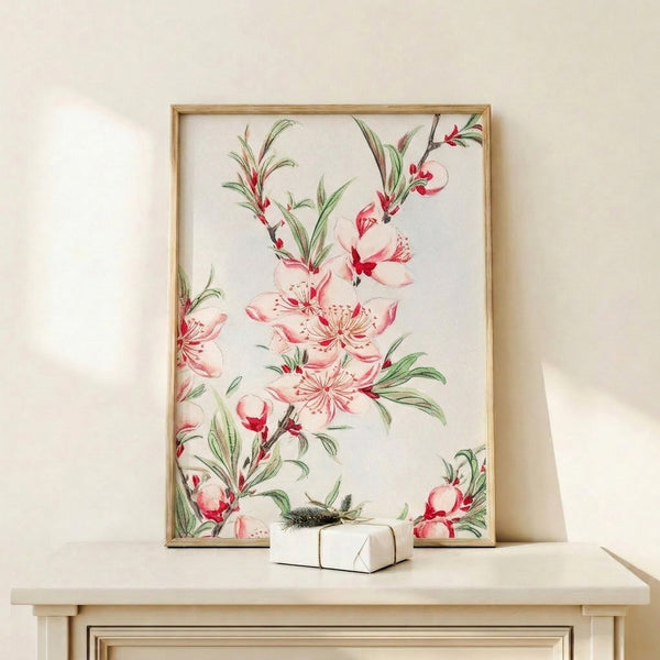 Botanical watercolor print of delicate peach flowers rendered in pink and red hues with detailed green leaves and stems, vintage aesthetic.