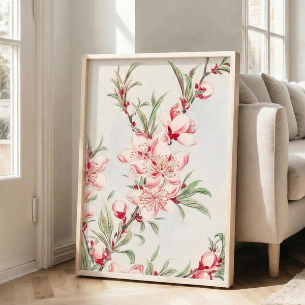 Cottagecore-inspired watercolor art print showing peach blossoms in gentle pinks and reds, complete with buds and leafy stems on creamy background.