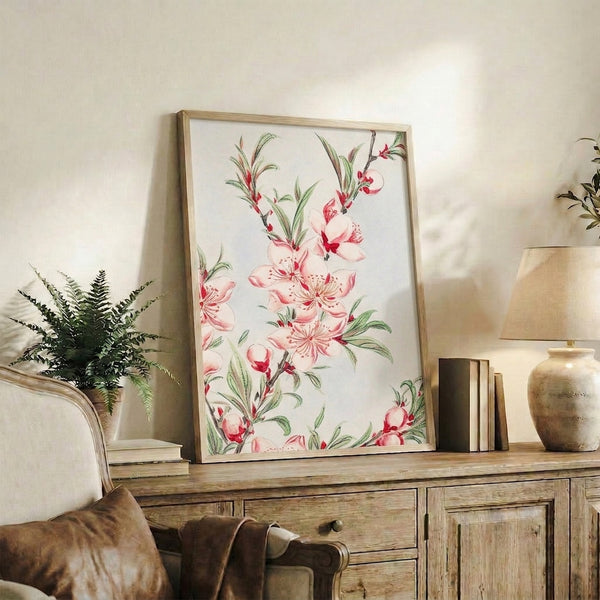 Romantic botanical watercolor featuring peach flowers with soft peachy-pink blooms, green leaves, and naturalistic brown stems in vintage style.
