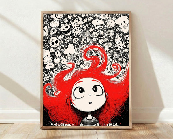 Line art portrait of a red-haired girl surrounded by whimsical doodles including faces and surreal imagery in black, white, and cream tones, framed as a poster on a wall.
