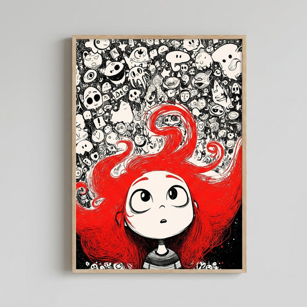 Anime-inspired line drawing of a girl with flowing red hair amid intricate doodle elements and dreamlike skull and eye motifs, rendered in black ink on cream background.