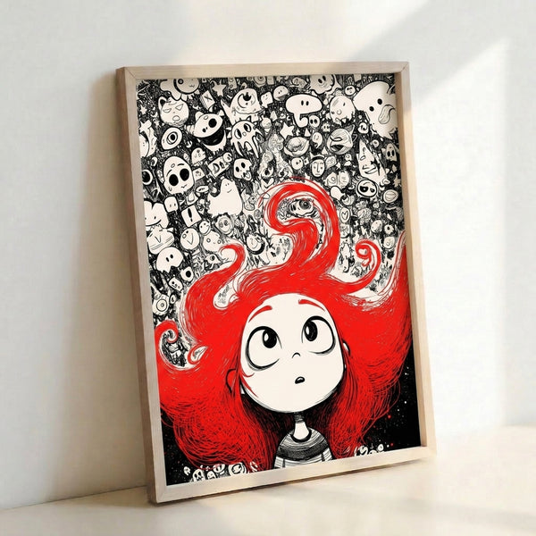Surreal doodle art print featuring a red-haired woman's portrait layered with whimsical line art faces and symbolic imagery in a monochromatic color scheme.
