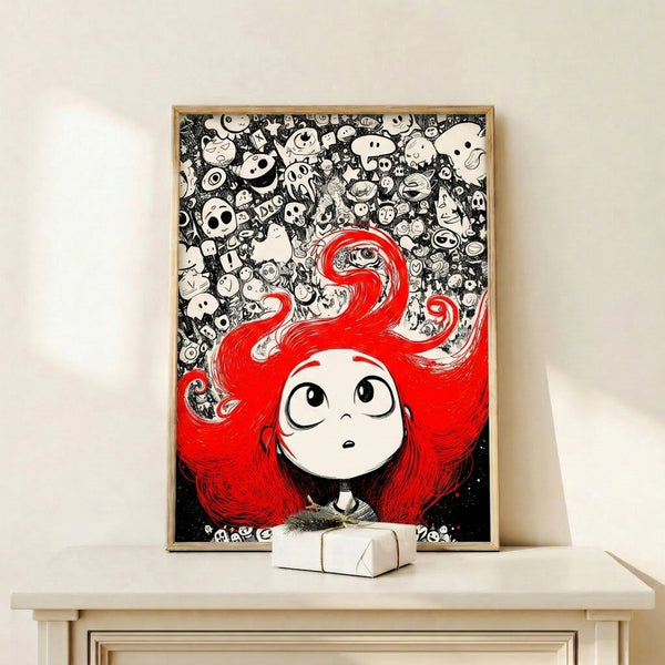 Introspective line art composition showing a girl with red hair entwined with elaborate doodles, surreal faces, and dark whimsical elements in black and white.