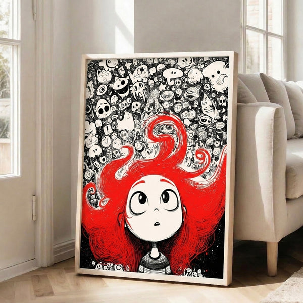 Whimsical anime-style portrait of a red-haired girl surrounded by doodle art, mystical faces, and intricate line work in cream, black, and red tones.
