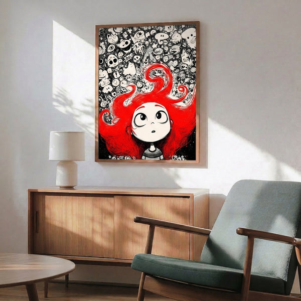 Red-haired girl rendered in delicate line art with surreal doodle details, floating faces, and dreamlike imagery in a monochromatic palette framed on display.