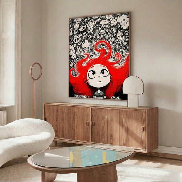 Intricate doodle portrait blending a girl with red hair and whimsical surreal elements including symbolic faces and eye motifs in black line art on cream.