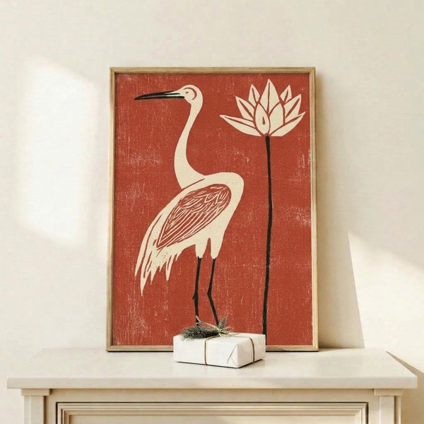 Minimalist framed art print depicting an elegant heron with lotus blooms in traditional woodblock style, rendered in warm terracotta and cream tones.