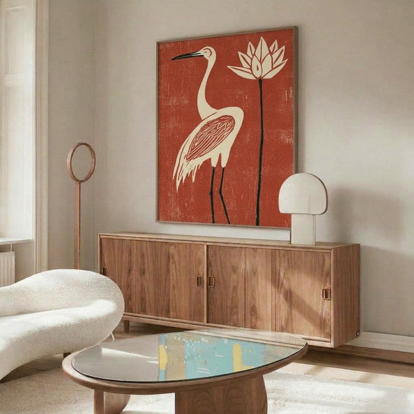 Contemplative wall art showing a graceful heron surrounded by lotus flowers in Japanese woodblock aesthetic with bold black linework and rich red hues.