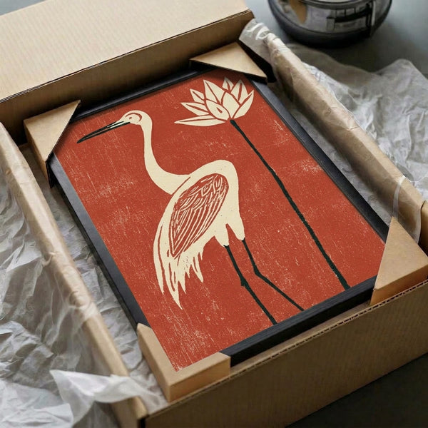 Serene framed poster blending Eastern artistic tradition with minimalist design, featuring a heron and lotus in terracotta, black, and cream palette.
