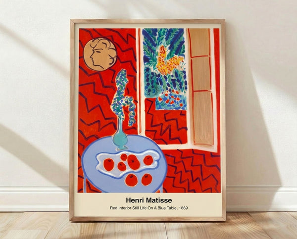 Bold modern abstract still life featuring a red interior with a blue table, vibrant geometric forms in red, green, and white on a framed poster.