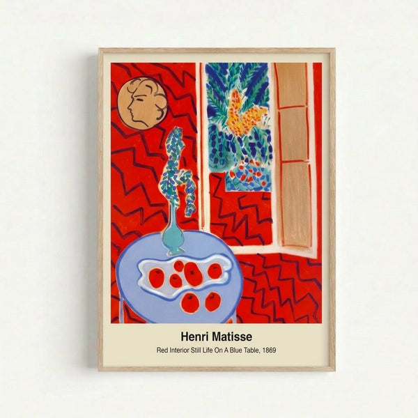 Matisse-inspired minimalist wall art depicting an interior scene with striking red tones, blue surface, and expressive abstract shapes in complementary colors.