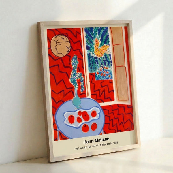 Framed modern art print showing an emotionally vibrant still life composition with red, blue, and green abstract elements in a minimalist interior setting.