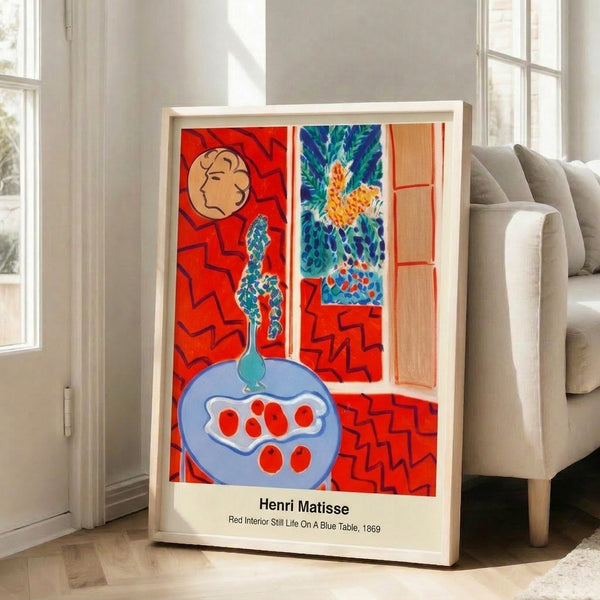 Contemporary abstract poster art with bold red interior and blue table, featuring expressive geometric forms and a vibrant color palette of greens and whites.