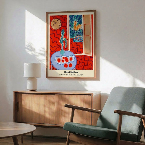 Modern abstract still life framed print displaying an energetic composition of reds, blues, and greens in a simplified interior arrangement.