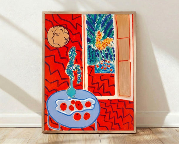 Abstract still life composition with bold red and blue tones, featuring geometric forms and simplified objects arranged on a table in modernist style.