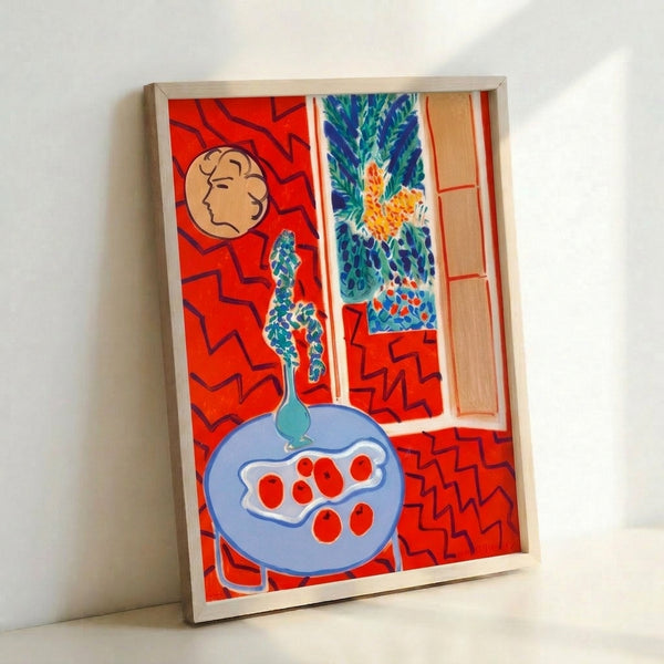 Colorful still life artwork in warm reds and cool blues with abstracted domestic objects, reflecting Fauvist influence and decorative interior design aesthetic.