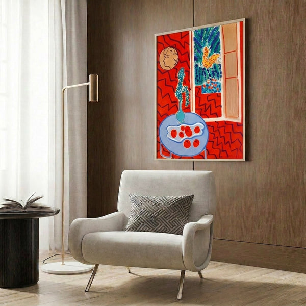 Framed poster of an interior still life with interplay between bold red walls and blue furniture, composed in an avant-garde approach to domestic space.
