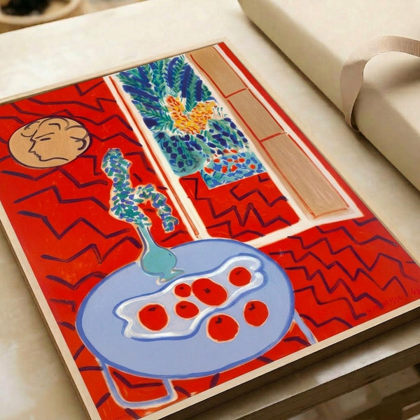 Contemporary wall art print featuring simplified tabletop objects in rich reds and blues, executed in a post-impressionist modernist painting style.