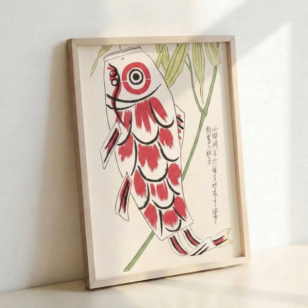 Auspicious Japanese wall art depicting elegant koi fish in red tones with black ink details, surrounded by bamboo and botanical elements in folk art style.