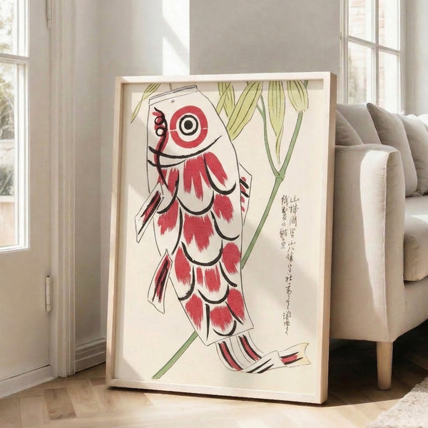 Framed poster showcasing graceful koi fish in red and cream against stylized green bamboo stems, executed in classic Japanese woodblock print aesthetic.