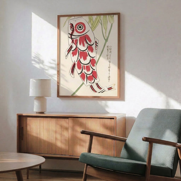 Showa period-inspired wall art with red koi fish and green plant motifs in traditional Japanese folk woodblock print style, finished in cream and black tones.