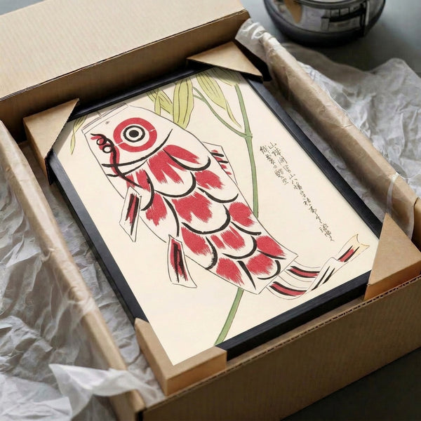Auspicious koi fish art in Japanese woodblock tradition, displaying graceful red fish and green foliage against cream background with bold black linework.
