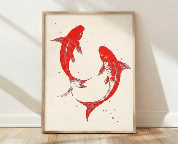 Serene Japanese-inspired art print depicting two red koi fish swimming gracefully against a cream and white background, framed on a wall.