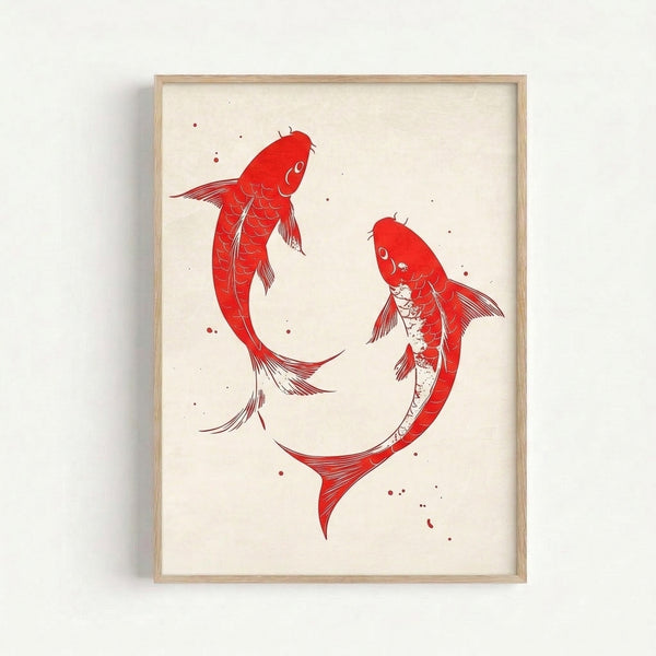 Minimalist woodblock-style poster featuring red koi in black ink with Japandi aesthetic, evoking calm and contemplative mood.