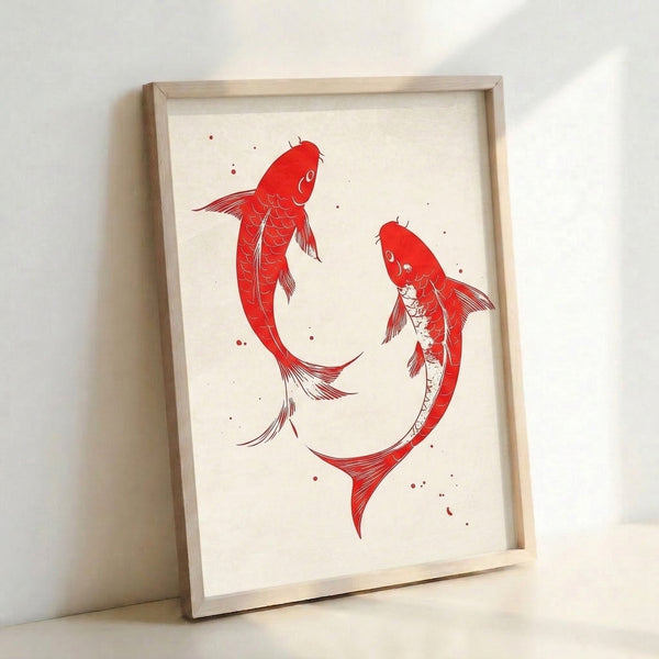 Framed art print showcasing two elegant red koi with flowing fins rendered in a serene, minimalist Japanese style on cream paper.