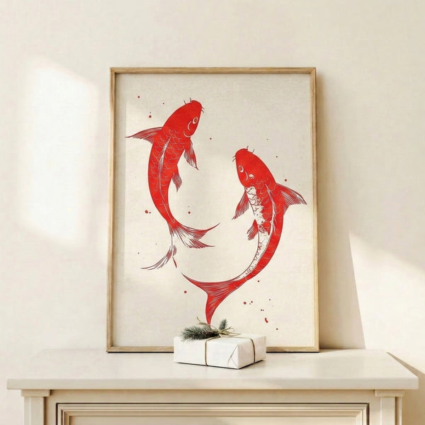 Japanese woodblock-inspired wall art of red koi fish with delicate brushwork in black and red tones, creating a peaceful Zen atmosphere.