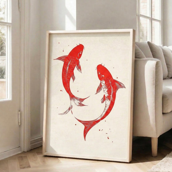 Contemplative poster art displaying two graceful red koi in a minimalist composition with cream, white, and black ink styling.