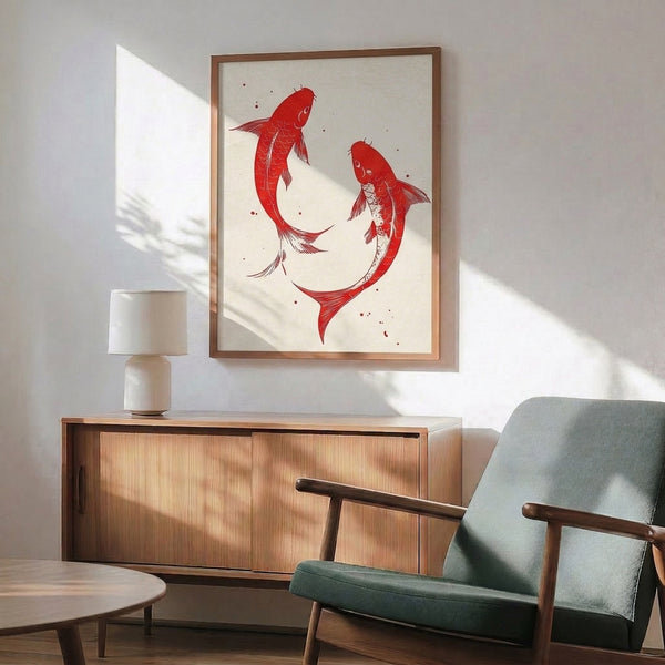 Japandi wall decor featuring serene red koi fish rendered in traditional woodblock aesthetic, framed and displayed with peaceful elegance.
