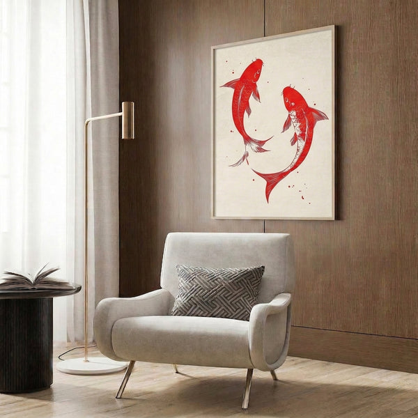 Minimalist Asian-inspired art print of two red koi fish swimming in calm composition, combining Japanese woodblock style with modern simplicity.