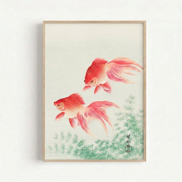 Pale pink and cream watercolor-style poster depicting two koi fish with delicate water vegetation, showcasing traditional Japandi artistic grace.