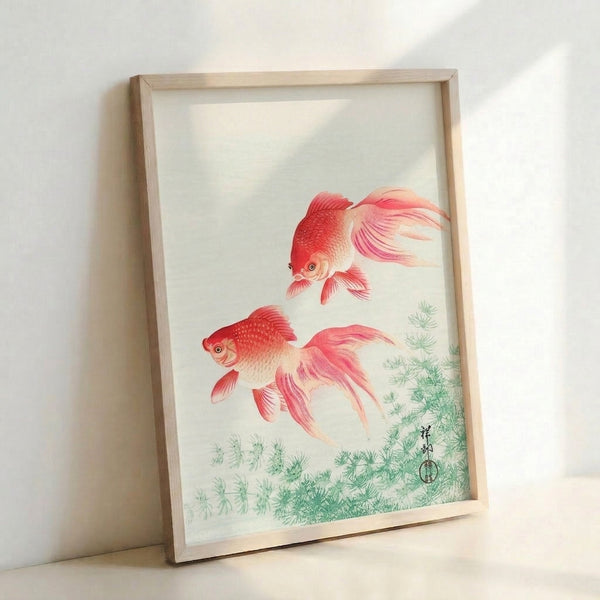 Serene aquatic scene art print showing two goldfish in contemplative composition with soft corals, greens, and whites in Japanese woodblock style.