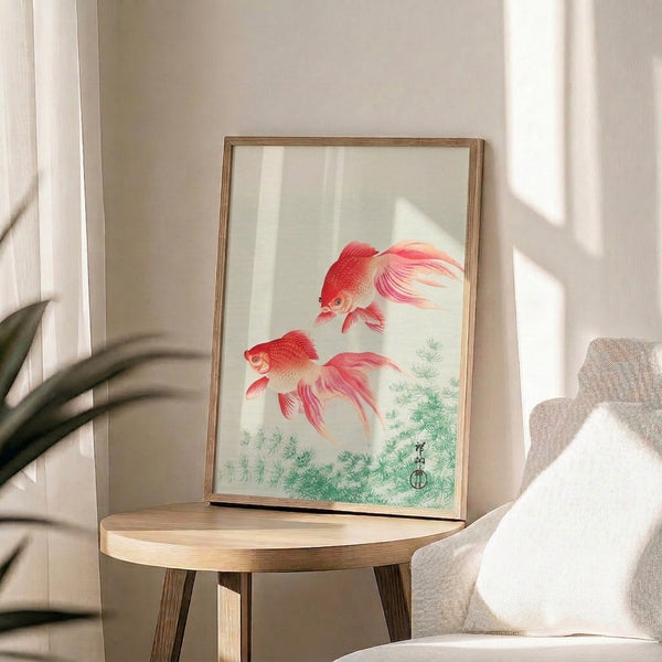 Japanese-inspired wall art of two koi fish in pale pink and cream watercolor technique, surrounded by naturalistic aquatic flora in soothing tones.
