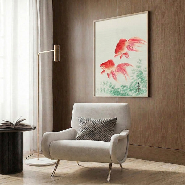 Contemplative goldfish artwork print with soft red-coral and sage green palette, displaying traditional Japanese woodblock influence and peaceful mood.