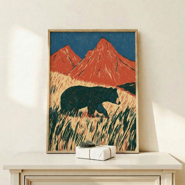 Vintage-style woodblock art print showing a wild bear standing in an ochre grassland with dramatic crimson peaks and dark navy sky, evoking traditional Japanese mountain landscape aesthetics.