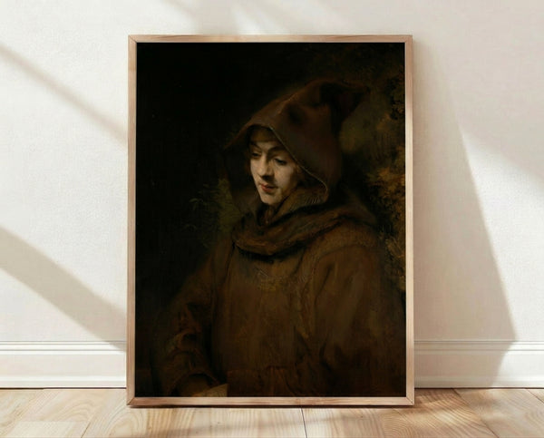 Framed portrait of a contemplative monk in golden-brown tones, rendered in soft impressionist style with warm ochre and burnt umber hues suggesting intimate dignity.