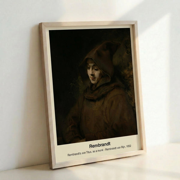 Contemplative monk portrait in dark academia style, featuring warm cream and ochre tones against deeper burnt umber shadows, displayed as framed wall art.