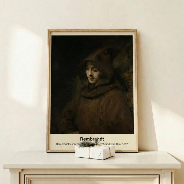 Intimate framed portrait showing a robed figure in serene, dignified pose, rendered in impressionist technique with golden-brown and cream palette.