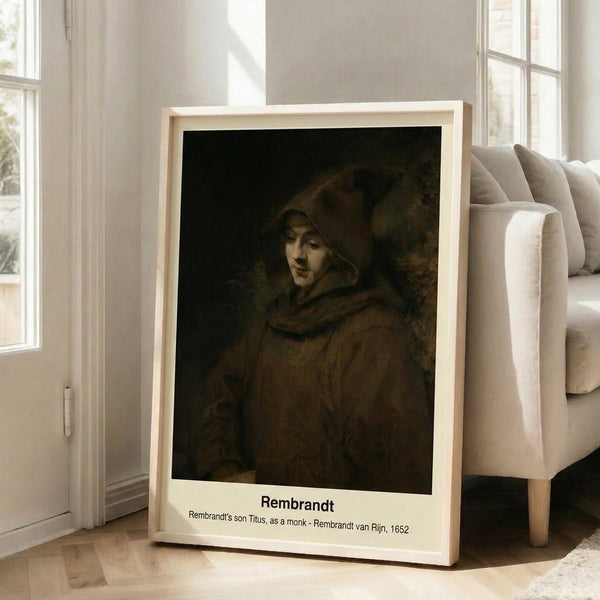 Monk in monastic garb gazes pensively in this vintage-style framed portrait, painted with impressionist warmth in ochre, burnt umber, and cream tones.