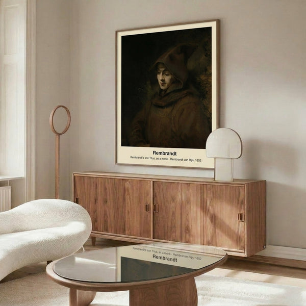 Solemnly dignified figure in religious robes captured in soft impressionist brushwork, framed wall art with rich golden-brown and cream color palette.