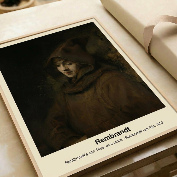 Framed vintage portrait of a contemplative monk rendered in impressionist style, combining warm ochres and burnt umbers for an intimate, dignified composition.