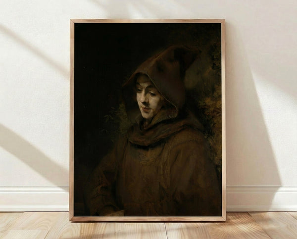 Framed portrait of Rembrandt's son Titus dressed as a monk, rendered in dark golden-age oil painting style with rich brown and ochre tones and dramatic shadow lighting.