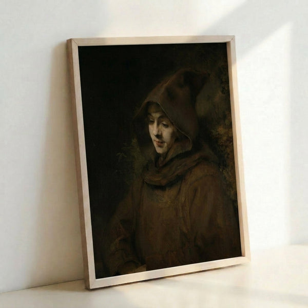 Antique-style framed artwork depicting Titus in monk's habit, painted with Rembrandt's signature dark academic aesthetic and luminous brushwork in browns, golds, and deep shadows.