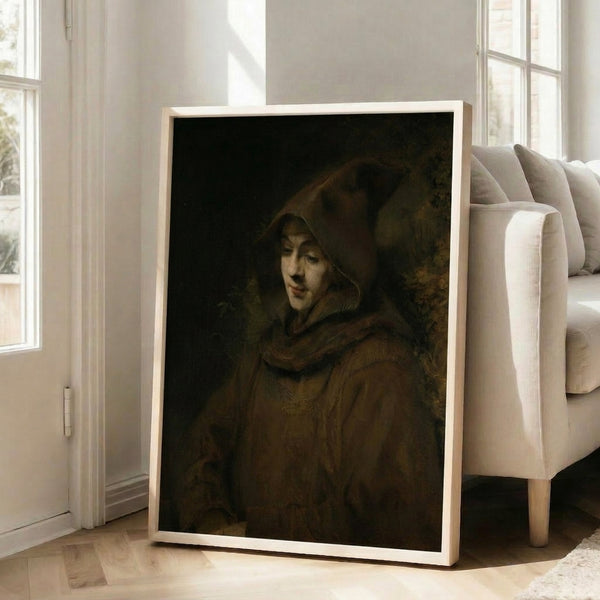 Classical Dutch portrait of a robed figure with contemplative expression, executed in Rembrandt's distinctive old master technique with moody lighting and a rich warm color palette.