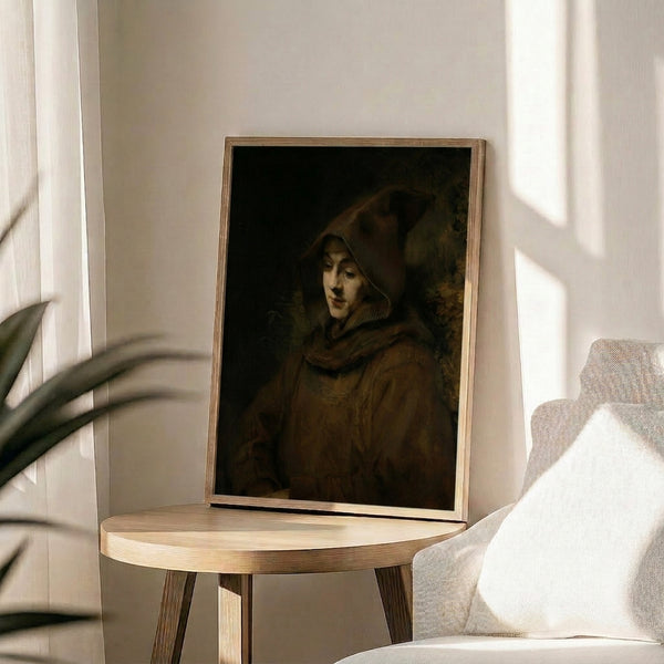 Oil painting-style portrait in warm sepia and brown tones showing a young monastic figure, exemplifying Rembrandt's masterful handling of light and shadow in classical portraiture.