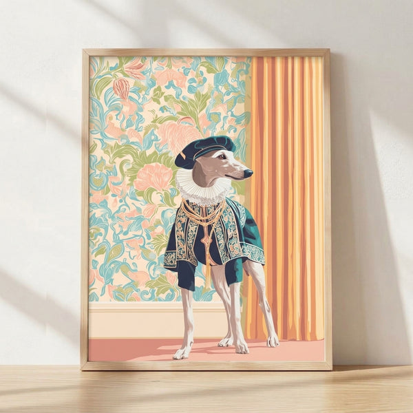 Whippet dog wearing a beret and ornate ruff collar set against a cream and sage green floral wallpaper background, rendered in a whimsical pop art style with blush pink and teal accents, framed on a wall.